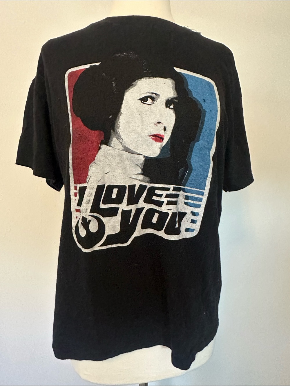 Star Wars Black Tee with Red, Blue and White Princess Leia Graphic